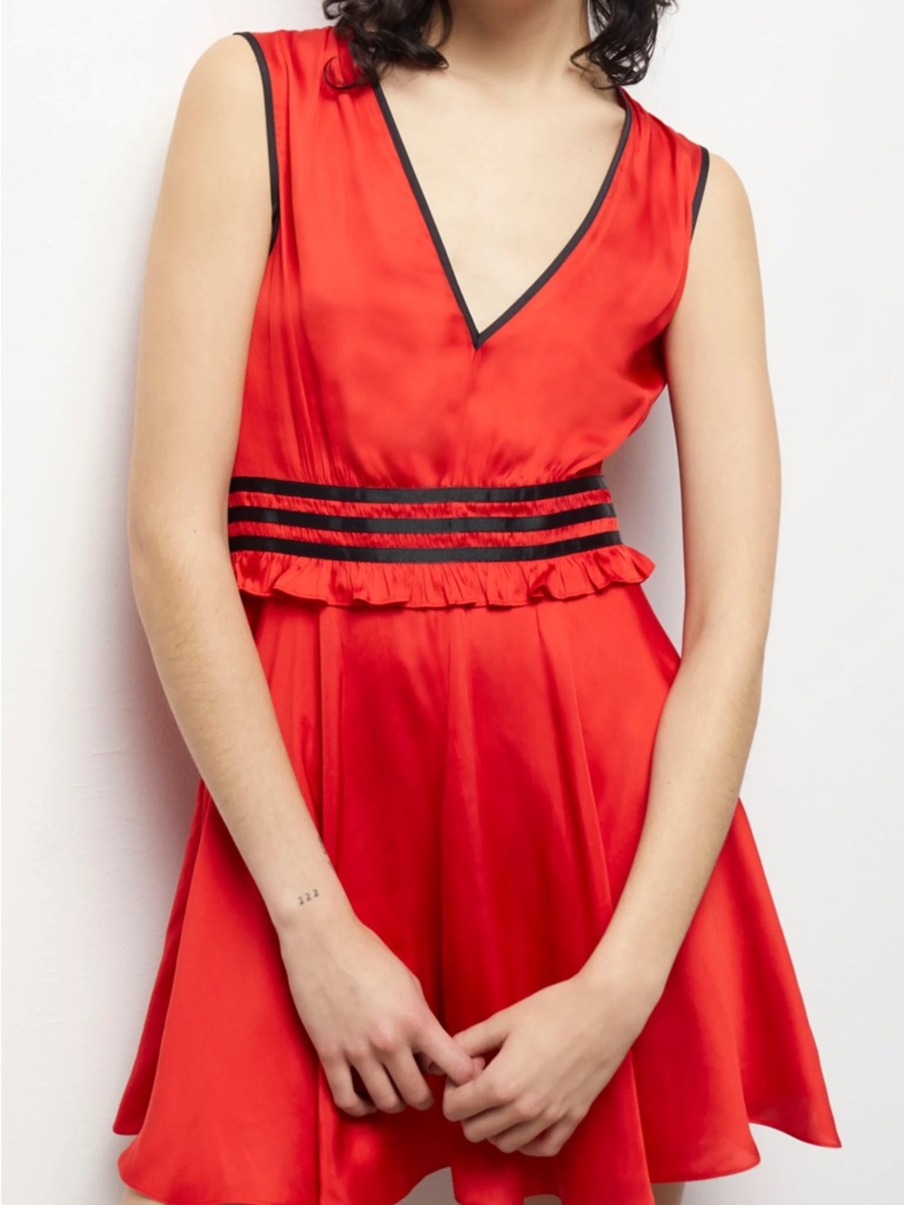 The Kooples Red V-Neck Sleeveless Ruffle Waist Dress